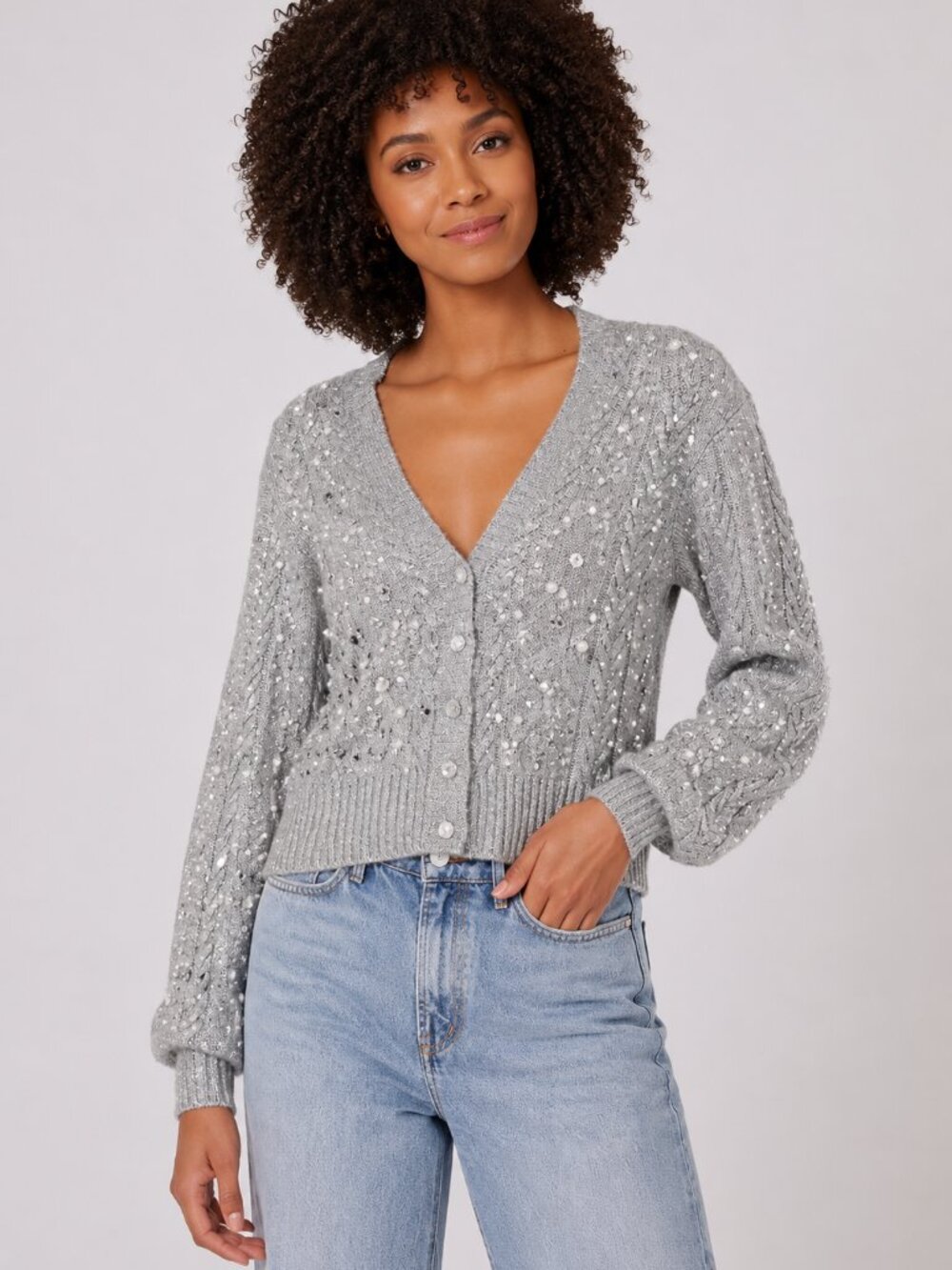 ModCloth Silver Knit Pearl Beaded Cropped Cardigan
